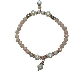 Vintage Beaded Stretch Bracelet With Pink & Gold Beads Textured Drop Bead